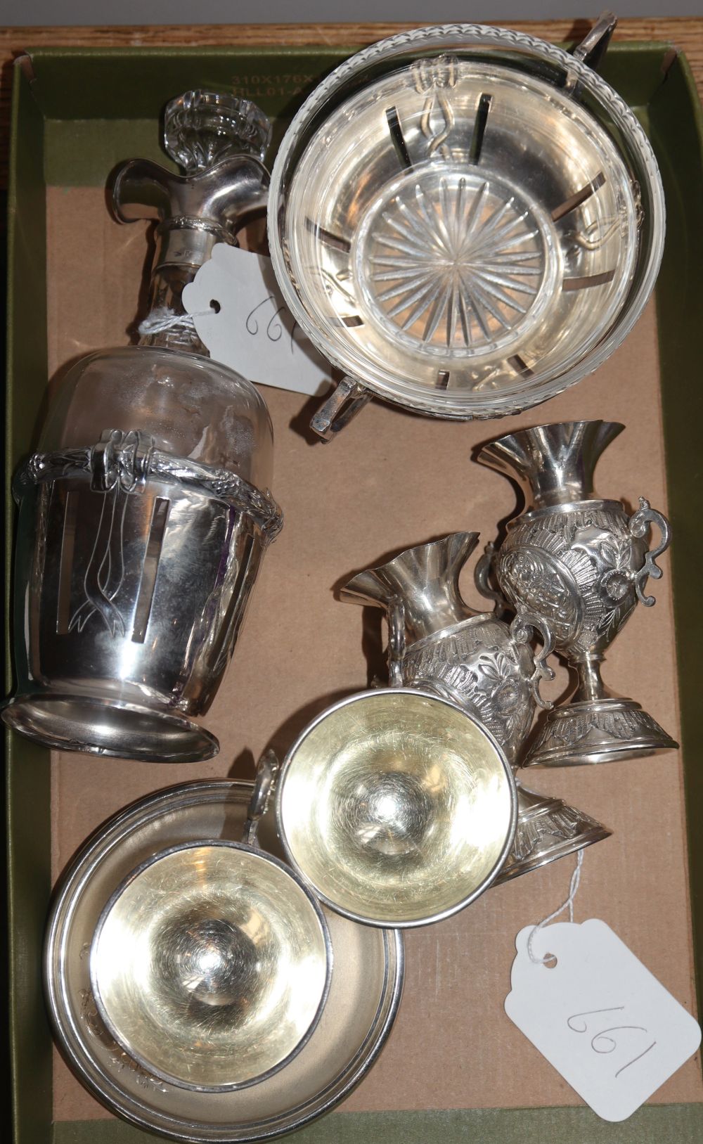 An Austrian 800 oil bottle, dish and 2 demi-tasse cups and saucers and a pair of vases